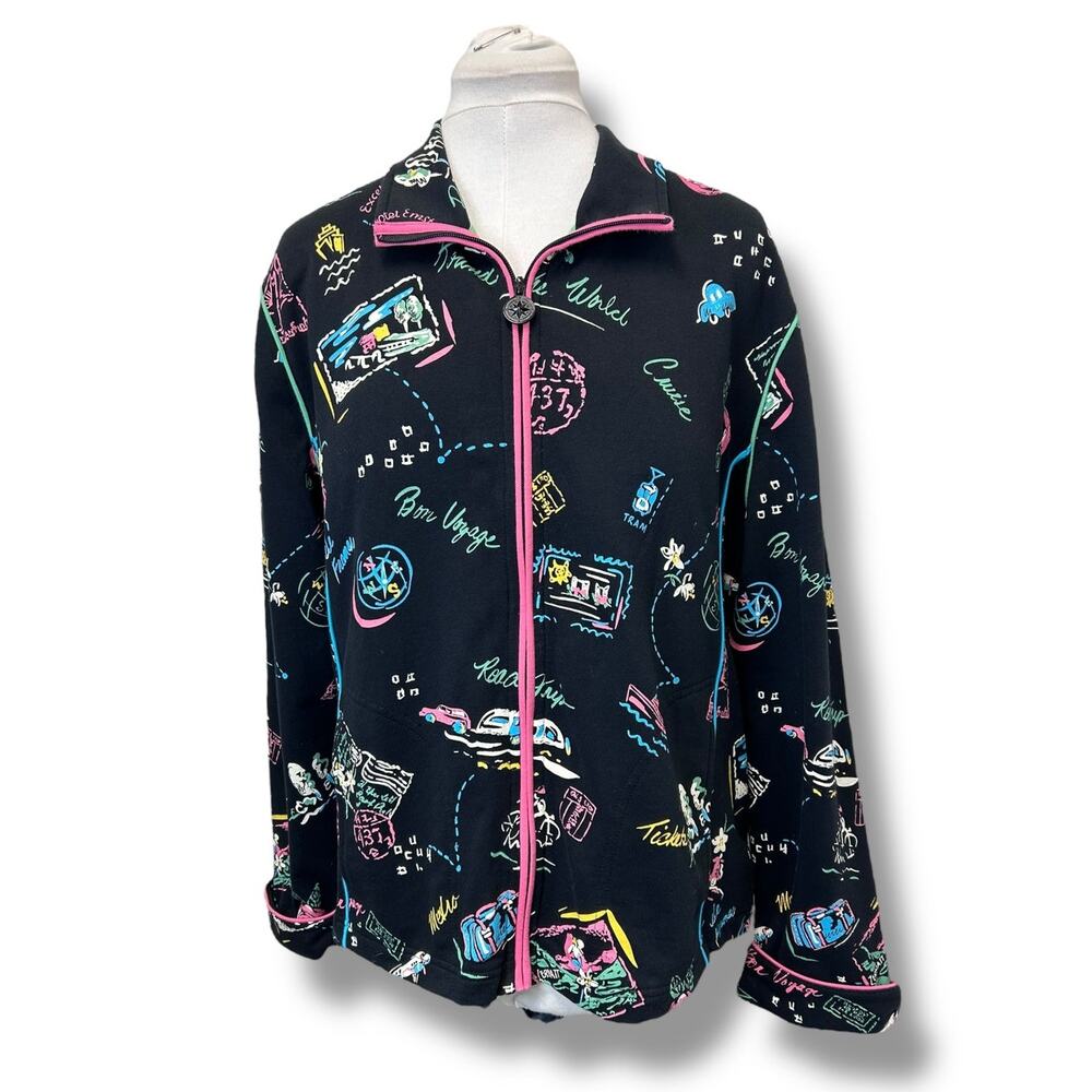 Koret Women’s Full-Zip Jacket VTG 80s 90s Novelty Travel Print Retro Black XL
